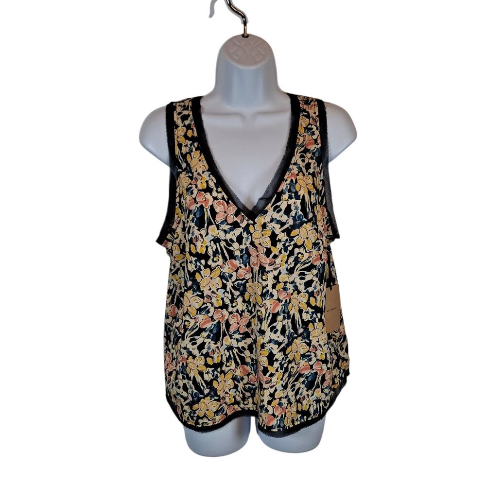 Halogen Women's Floral Sleeveless Top Size L Fringed V-Neck Blouse Multi-color